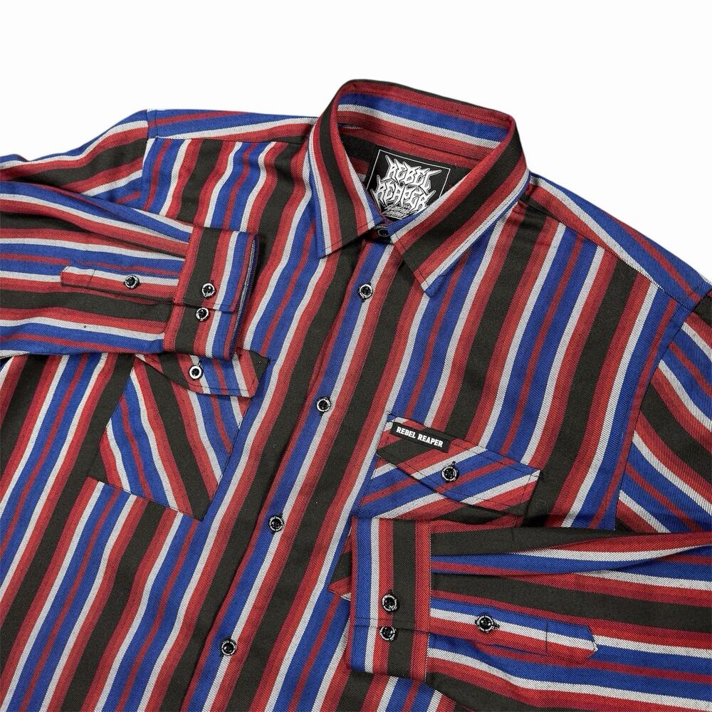 Rebel Reaper Flannel Men Large Red Blue Stripe Snap Button Western Long Sleeve